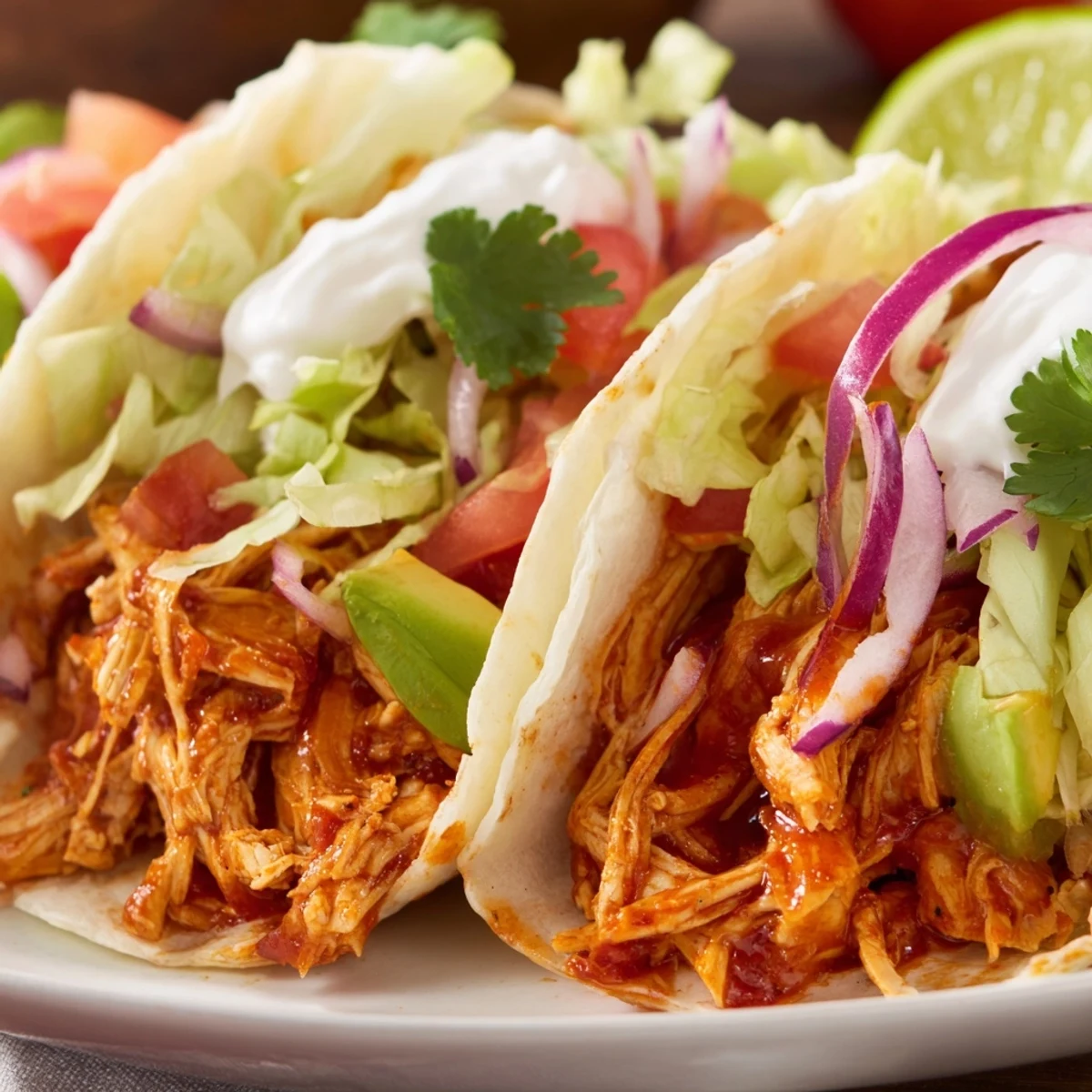 Slow cooker chicken tacos recipe featuring tender shredded meat with vibrant Mexican spices and fresh toppings