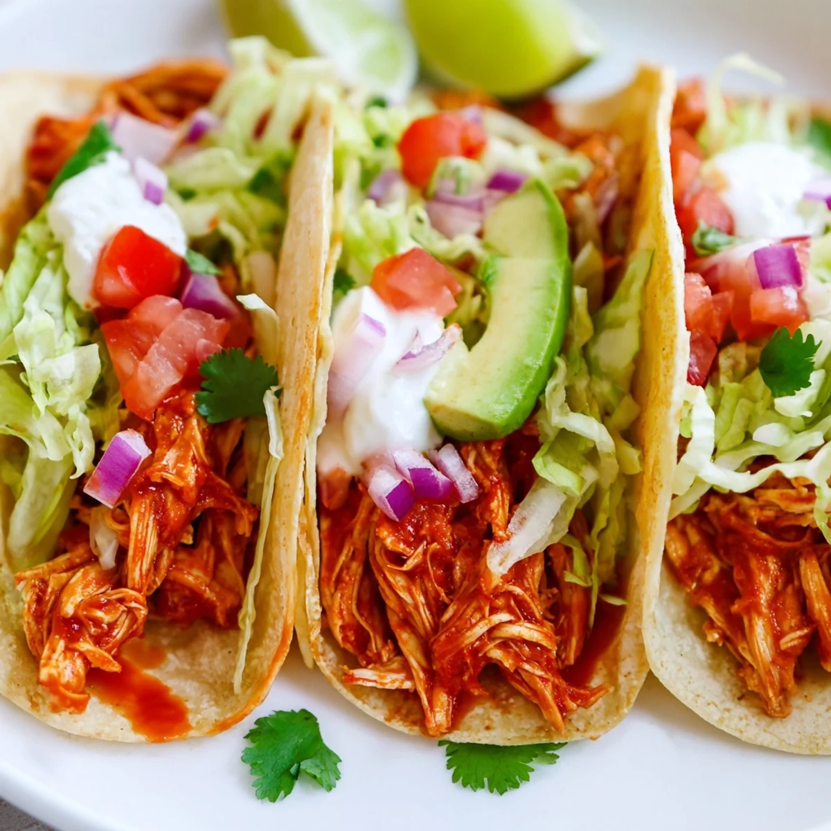Golden corn tortillas piled high with slow cooker chicken tacos recipe meat, shredded lettuce and creamy avocado