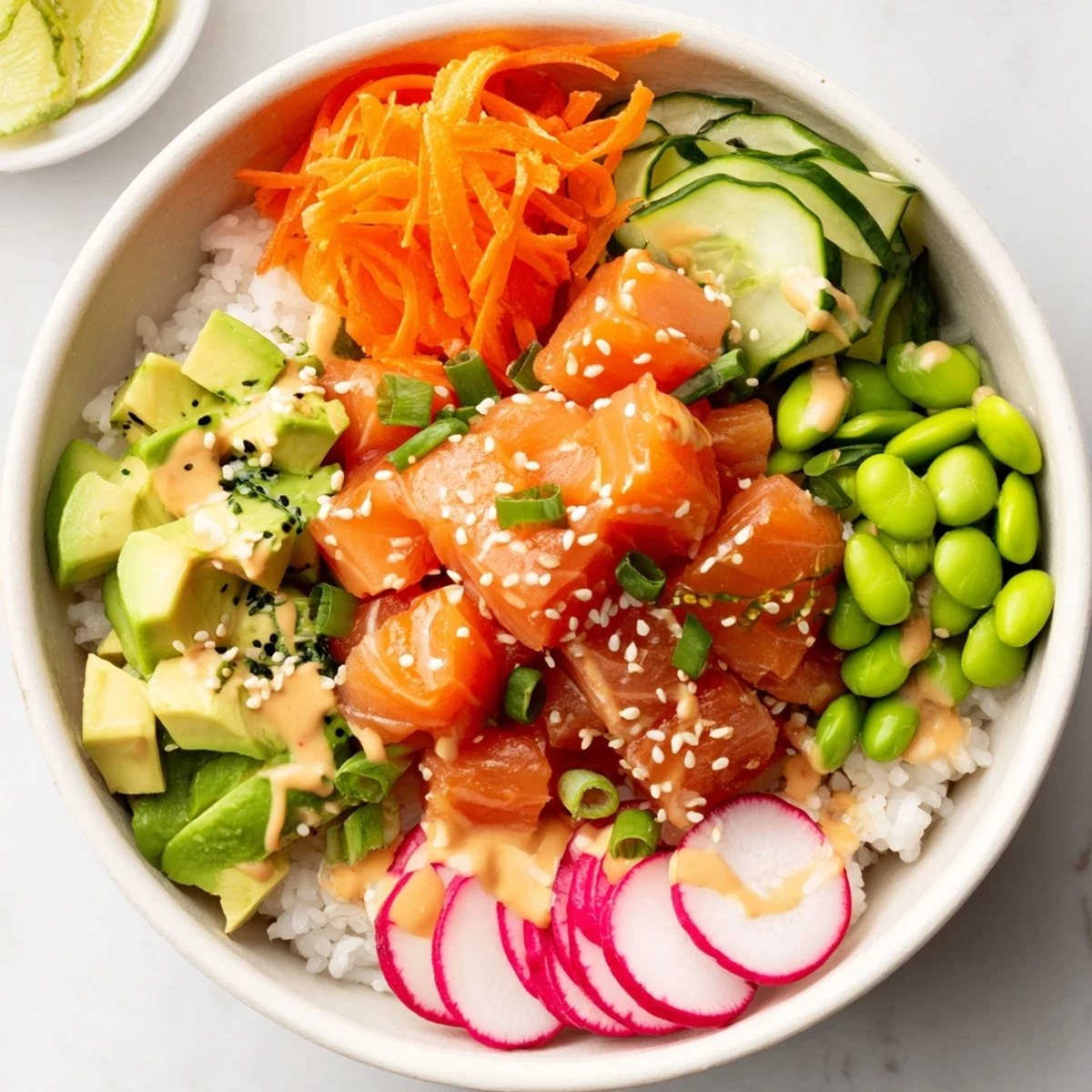 Hawaiian-style salmon and avocado poke bowl topped with crisp cucumber and radishes