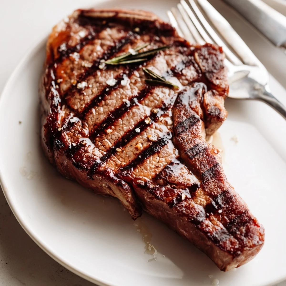 Juicy grilled steak with perfect char marks resting on a wooden cutting board