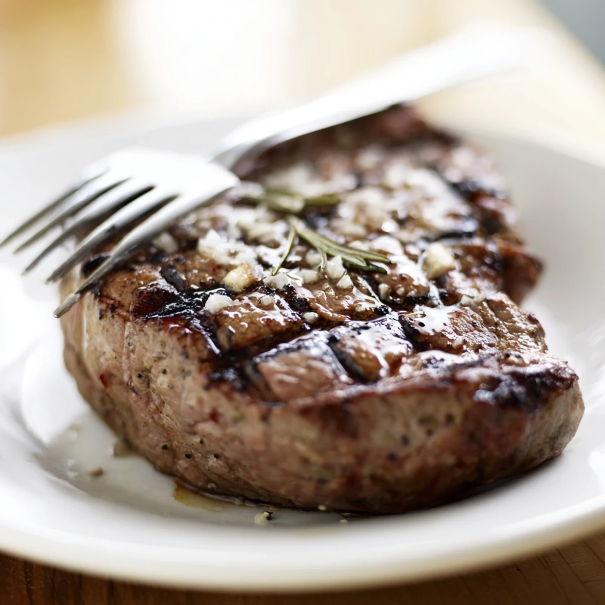 Perfectly grilled steak with butter melting on top served with fresh lemon wedges