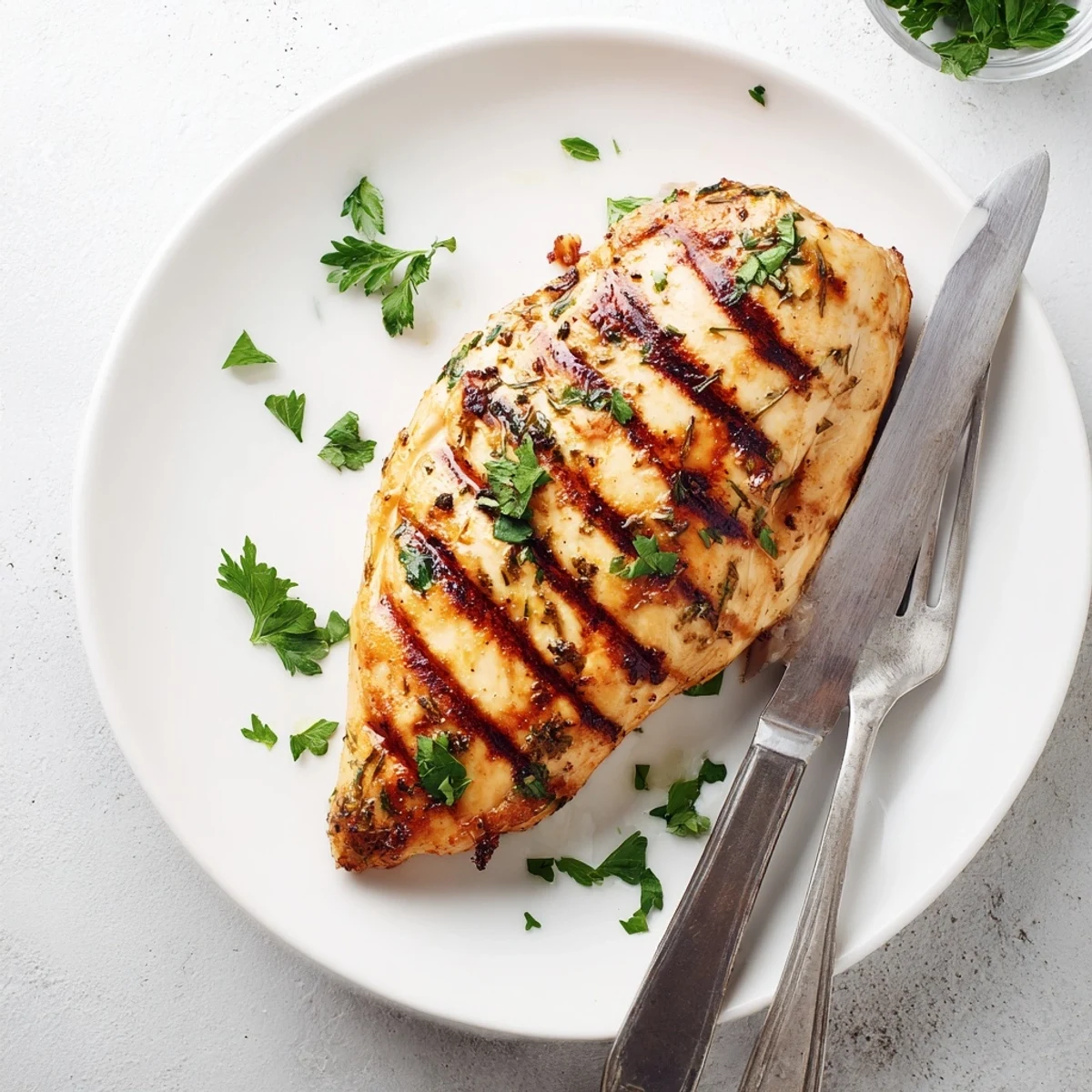 Juicy grilled chicken recipe with char marks and fresh herb garnish on white plate