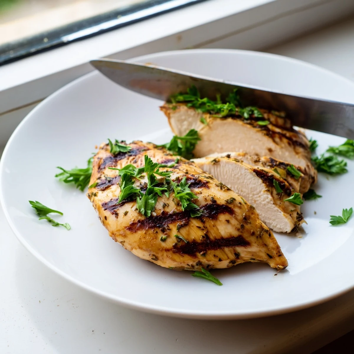 Marinated grilled chicken recipe sliced to reveal tender, lemon-herb infused meat inside