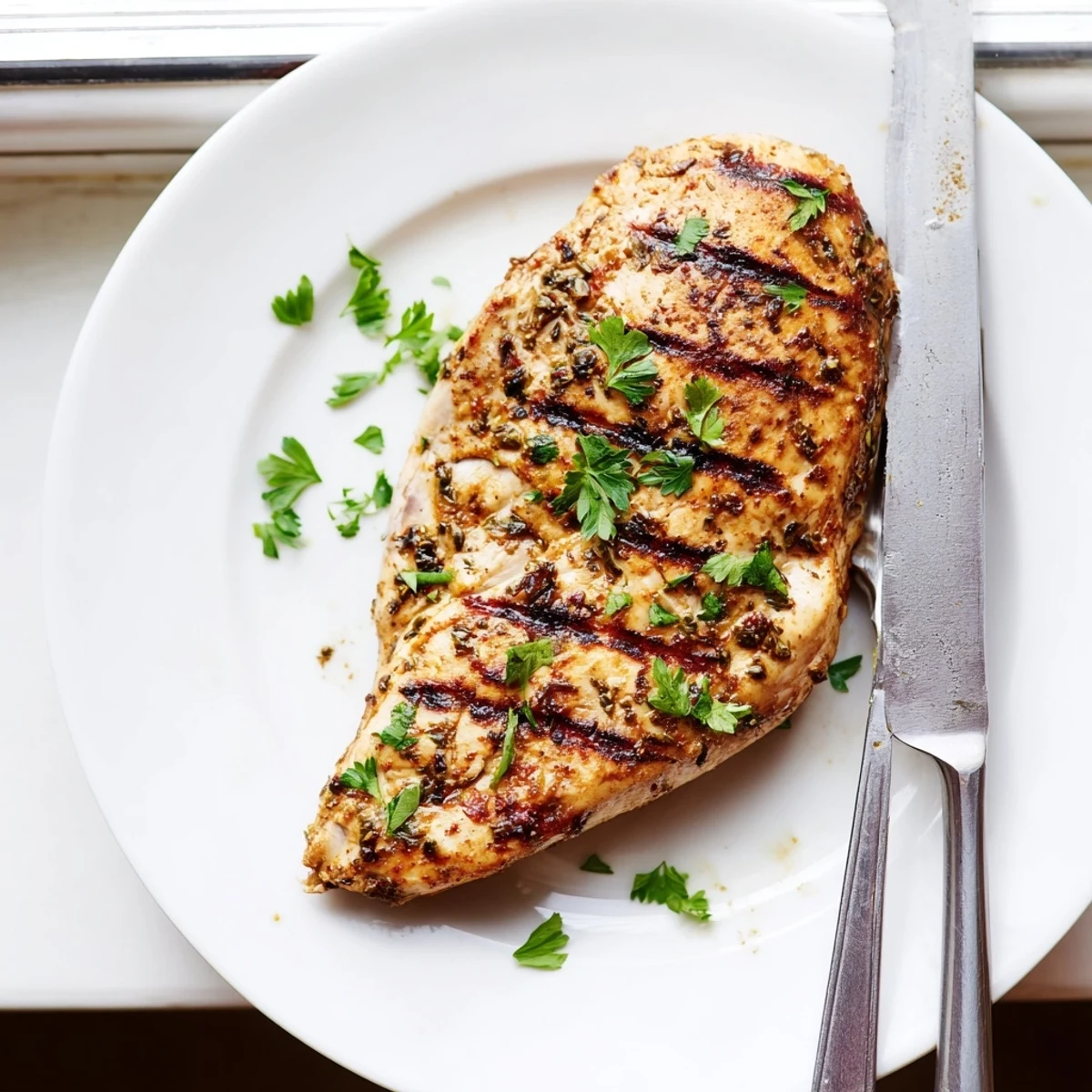 Perfect grilled chicken recipe displaying golden brown exterior with grill lines and parsley