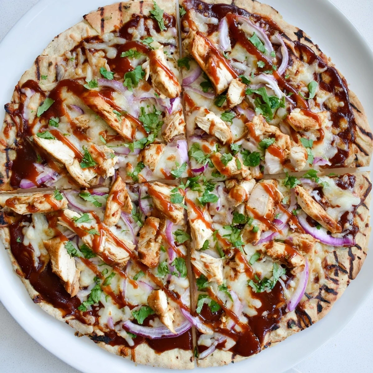 Homemade BBQ chicken pizza fresh off the grill with juicy seasoned chicken, colorful red onion rings, and fragrant chopped cilantro