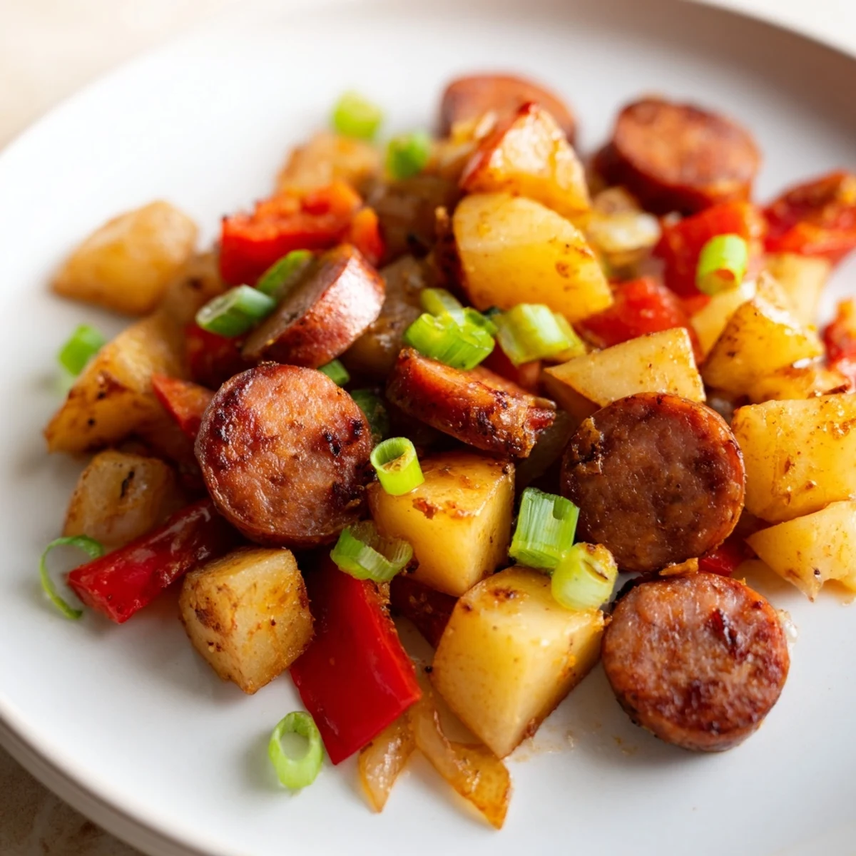 Crispy Cajun beef sausage breakfast hash with golden fried eggs and tender potatoes