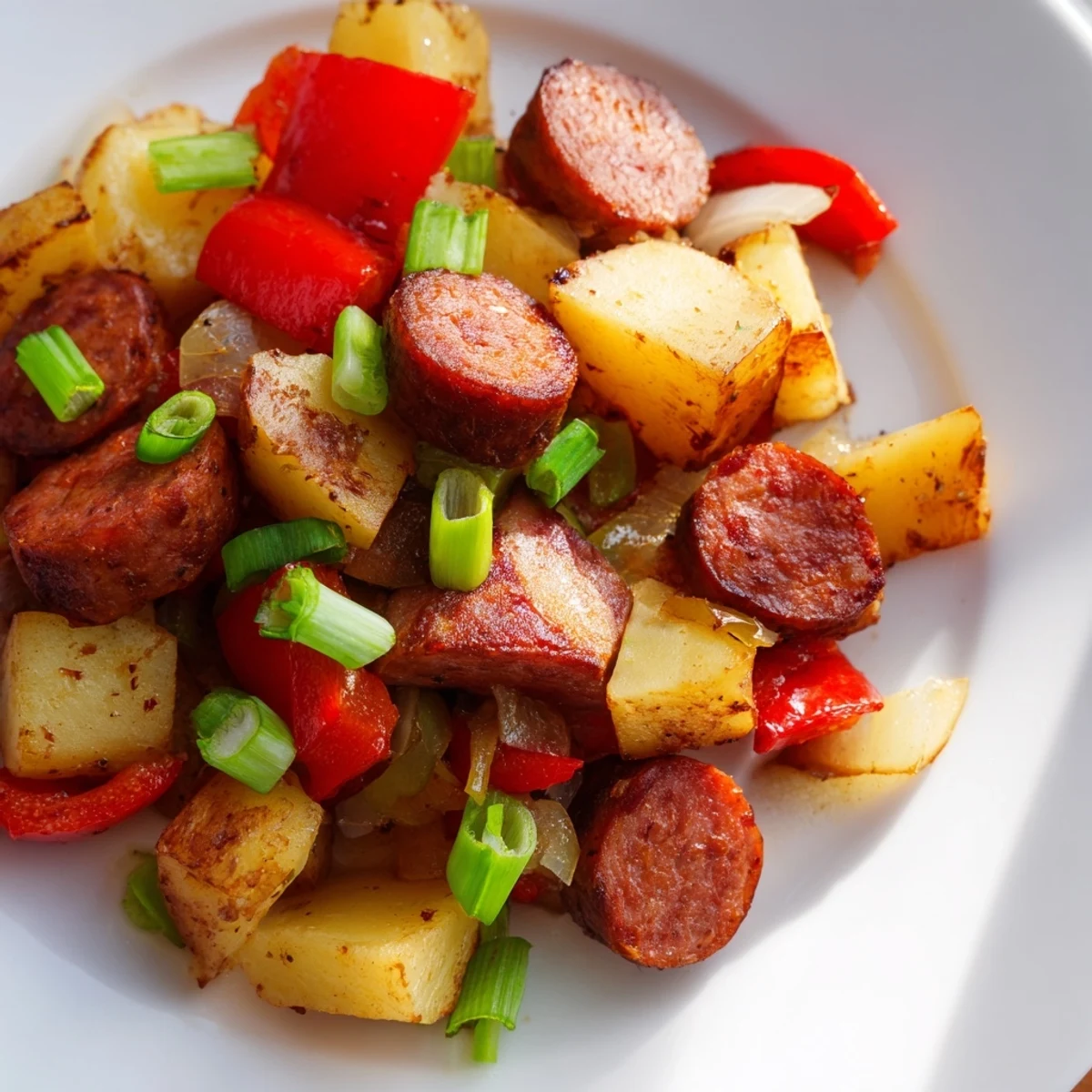 Hearty skillet of Cajun beef sausage hash topped with runny sunny-side up eggs