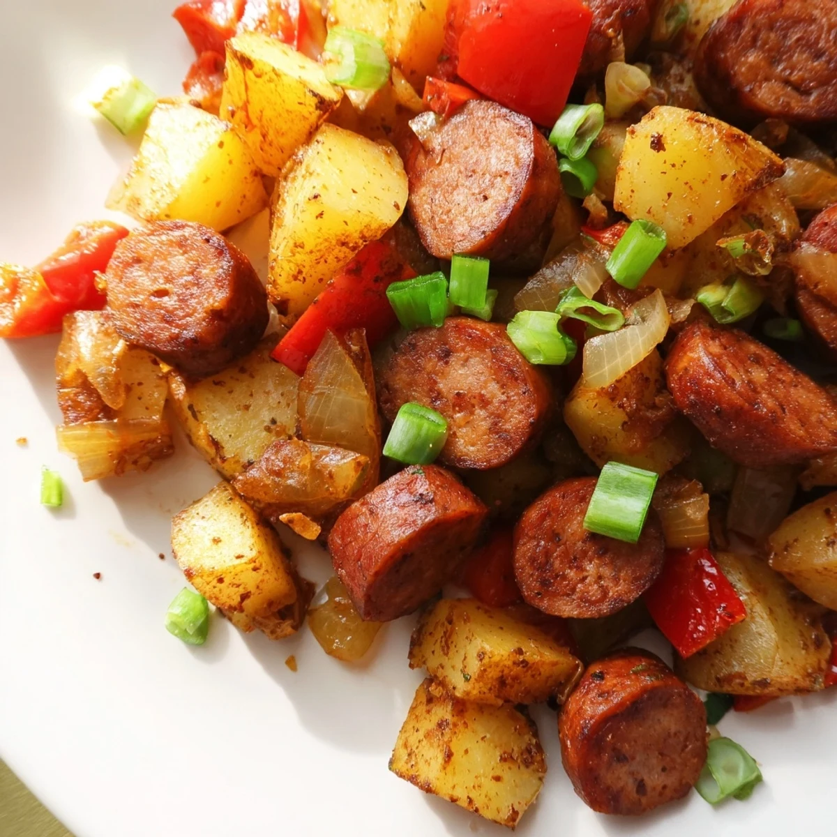 Southern-style breakfast hash featuring spicy Cajun beef sausage, crispy potatoes, and perfectly cooked eggs