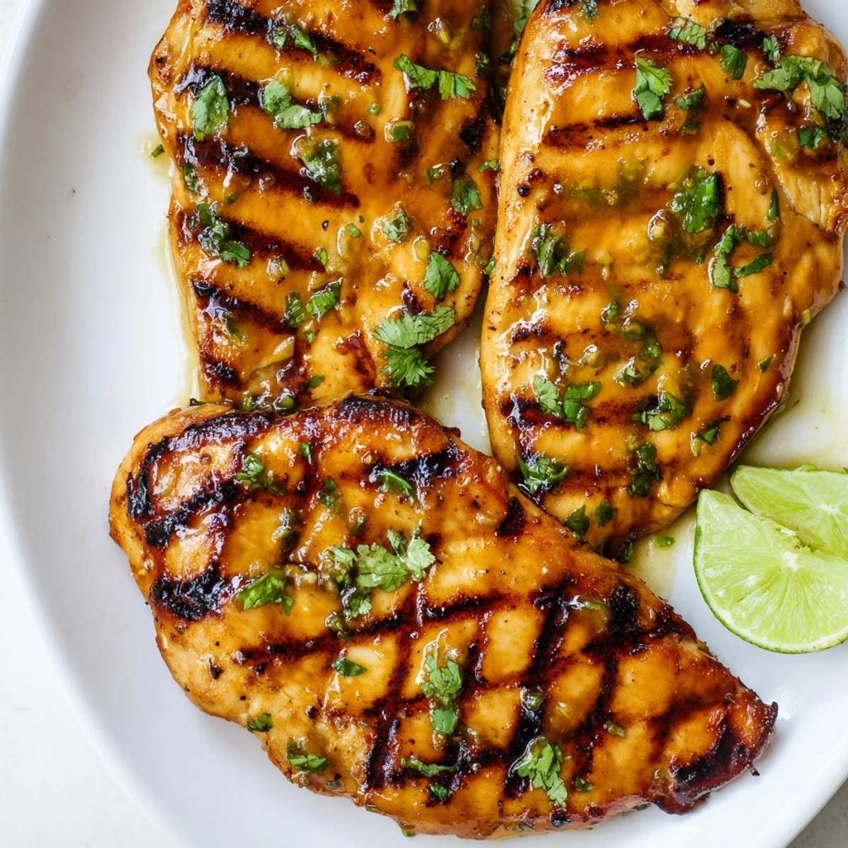 Golden brown Key West grilled chicken with charred grill marks and fresh cilantro garnish