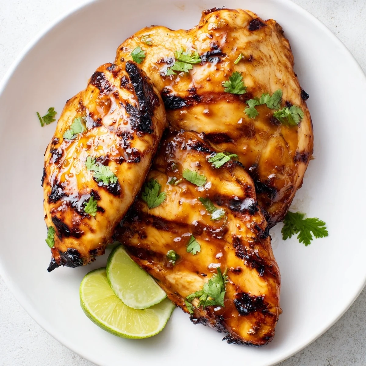 Juicy honey lime glazed Key West grilled chicken resting on a white serving plate