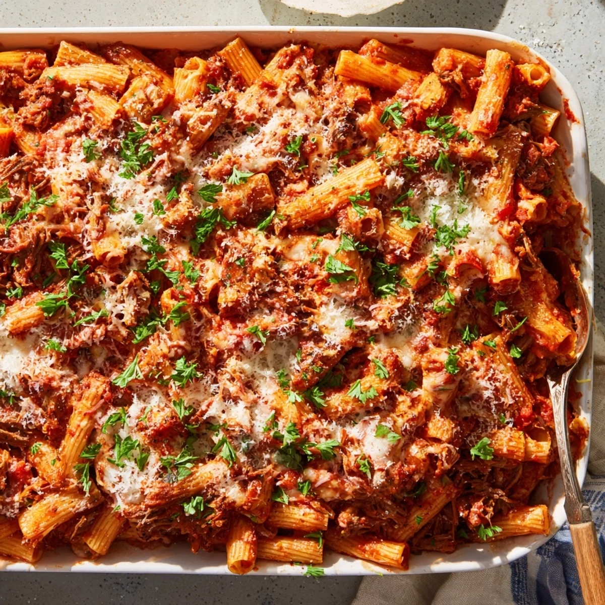 Hearty beef chuck roast pasta bake layered with pasta and savory tomato ragu under browned cheese