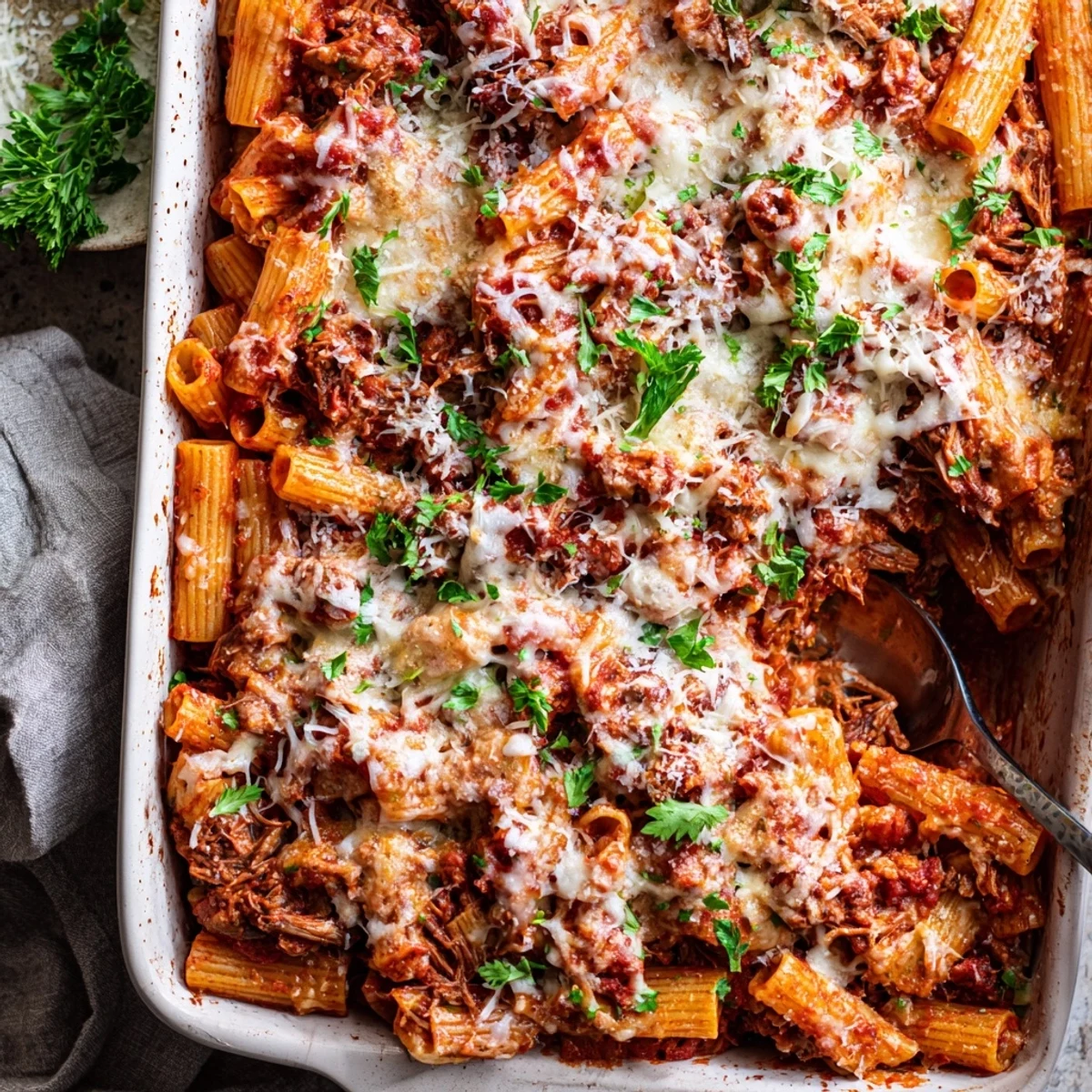 Golden bubbly chuck roast pasta bake with rich tomato sauce and melted mozzarella cheese topping