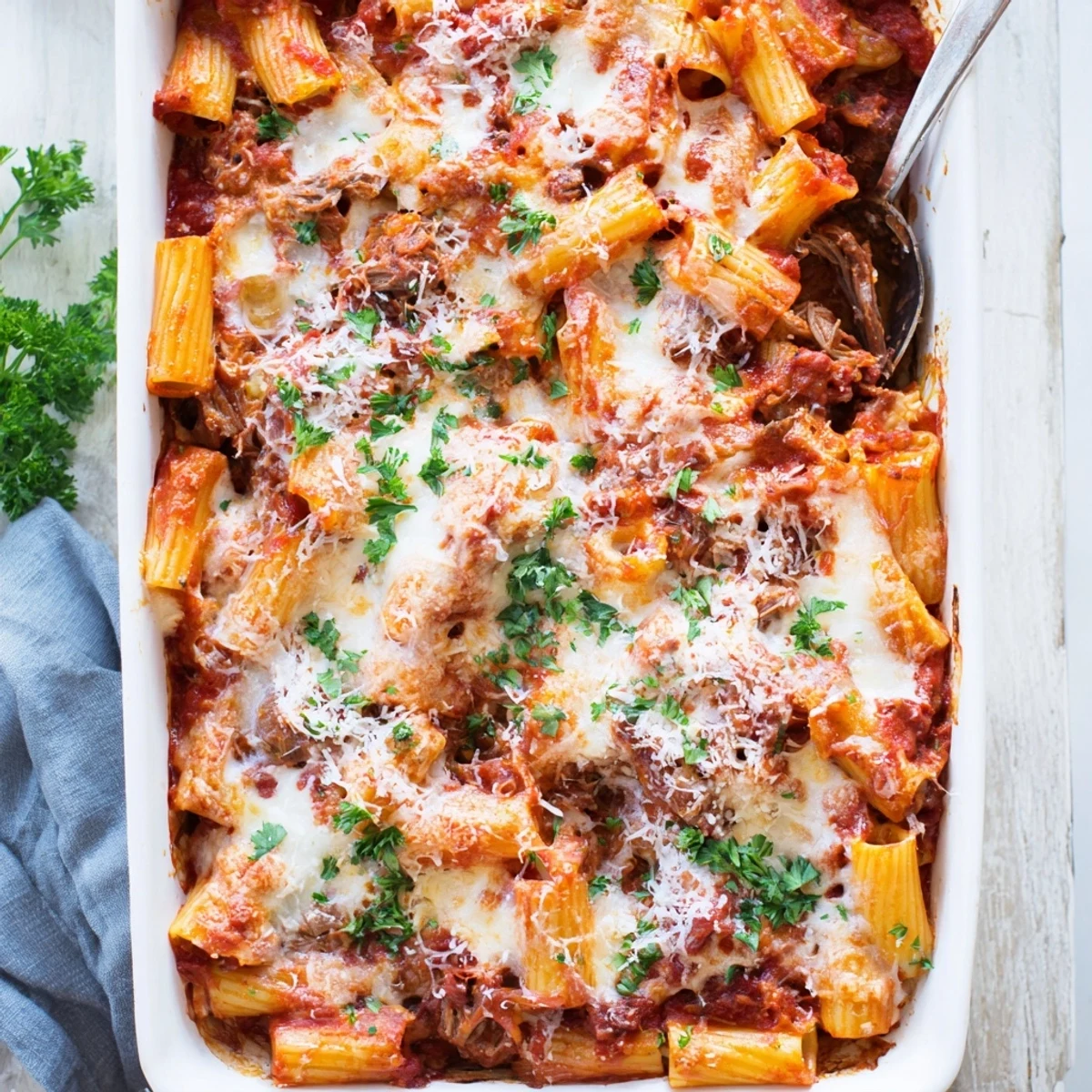 Comforting chuck roast pasta bake featuring tender shredded beef in tomato sauce with golden Parmesan crust