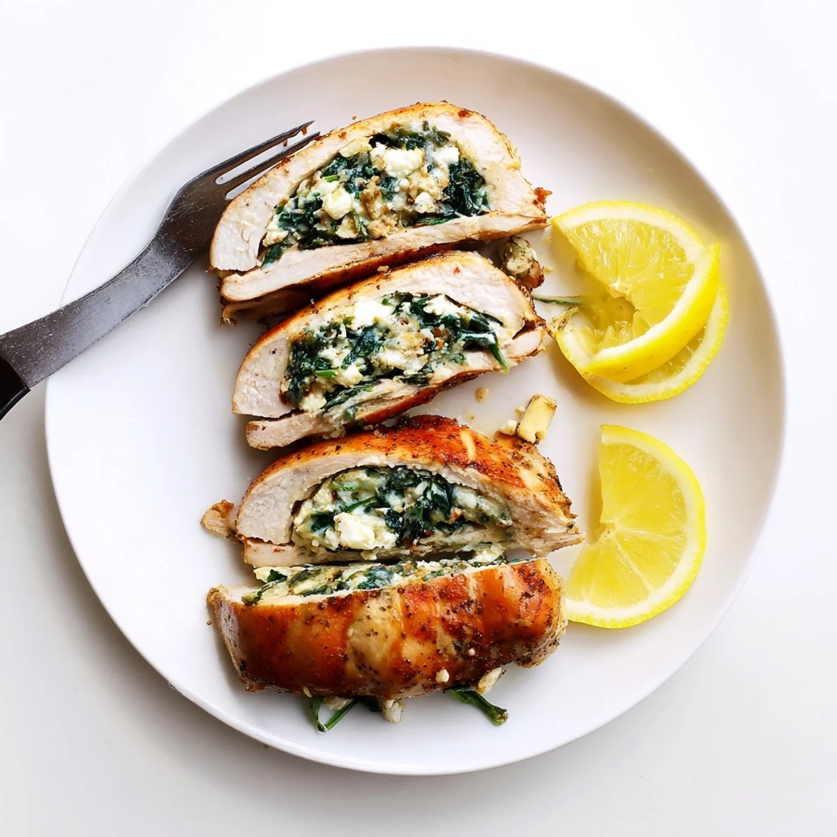 Juicy stuffed chicken breast sliced open revealing creamy feta and green spinach center