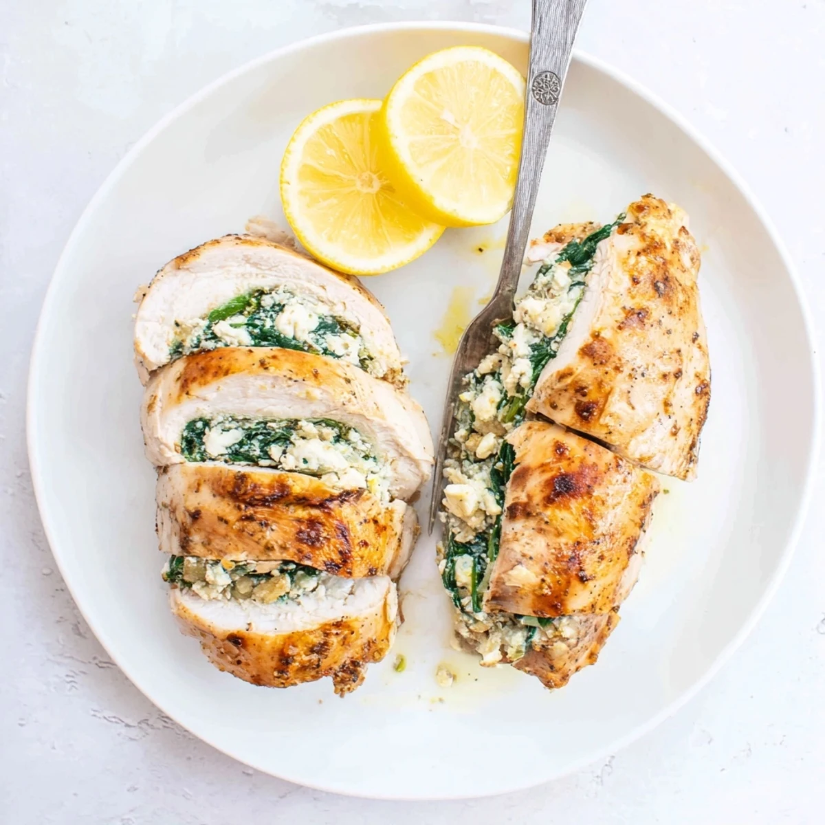 Golden baked chicken breast stuffed with spinach feta filling on a white plate