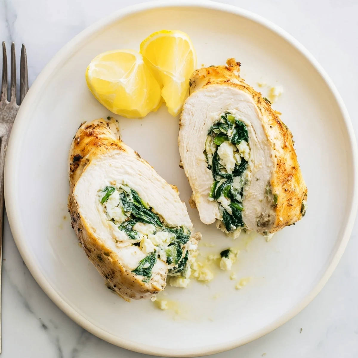 Mediterranean chicken breast with feta spinach filling served with fresh lemon wedges