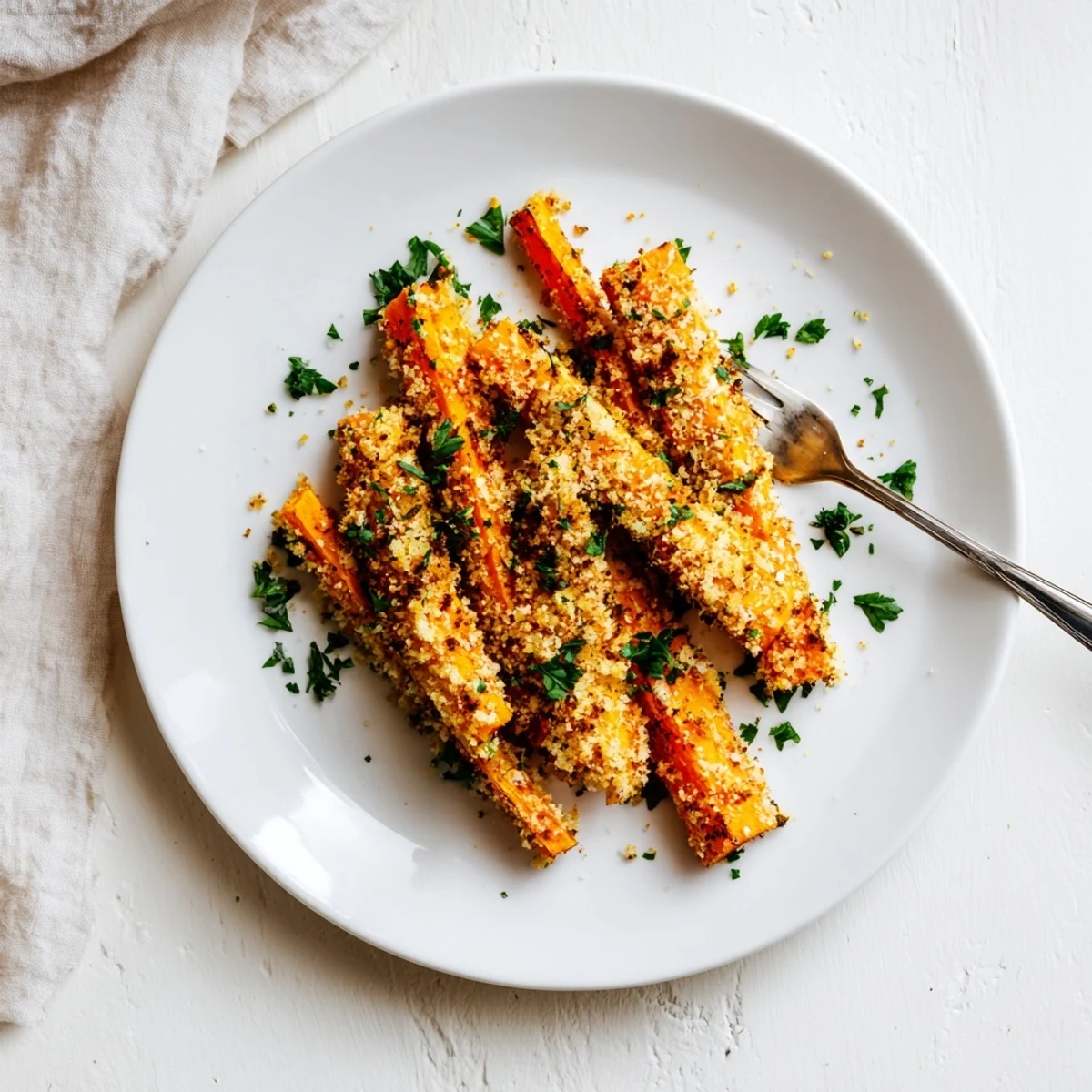 Golden roasted carrot sticks coated in crispy Parmesan breadcrumb crust on white baking sheet