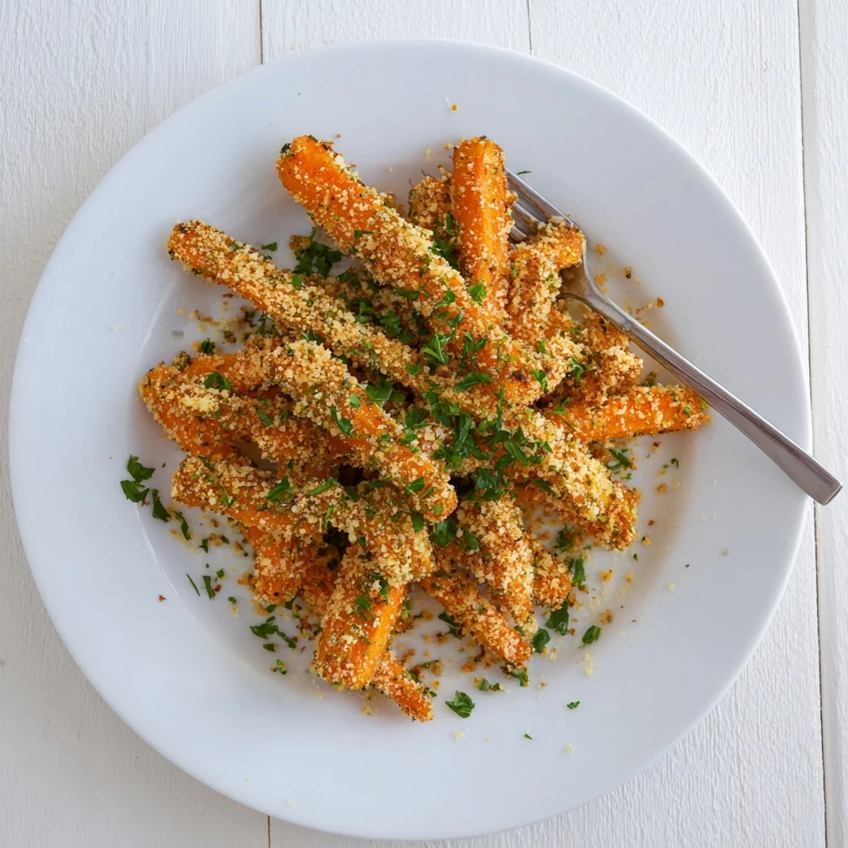 Savory crispy parmesan carrots with fresh parsley garnish on parchment lined baking sheet