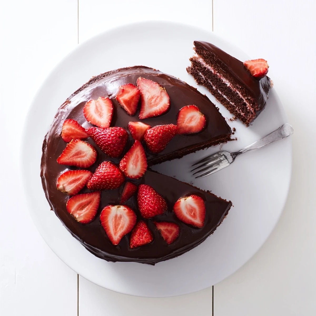 Decadent strawberry chocolate cake with glossy ganache dripping over fresh red berry slices