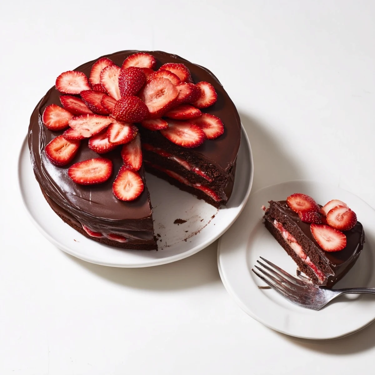 Moist strawberry chocolate cake showcasing fresh berry filling and smooth chocolate glaze on white plate