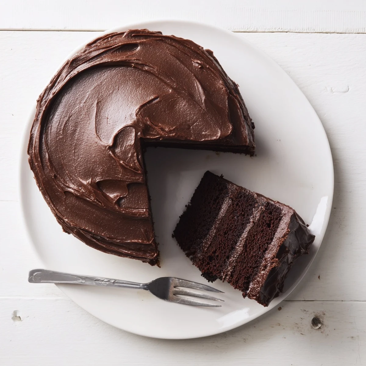 Rich homemade Matildas chocolate cake layered with smooth dark frosting and dusted with cocoa powder