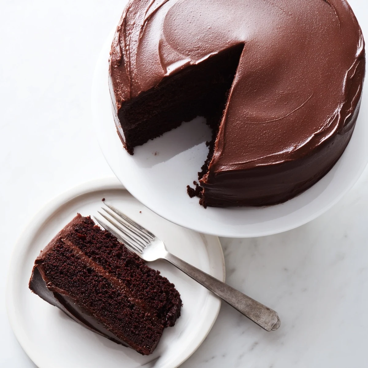 Decadent Matildas chocolate cake slice revealing moist dark crumb topped with creamy buttercream frosting