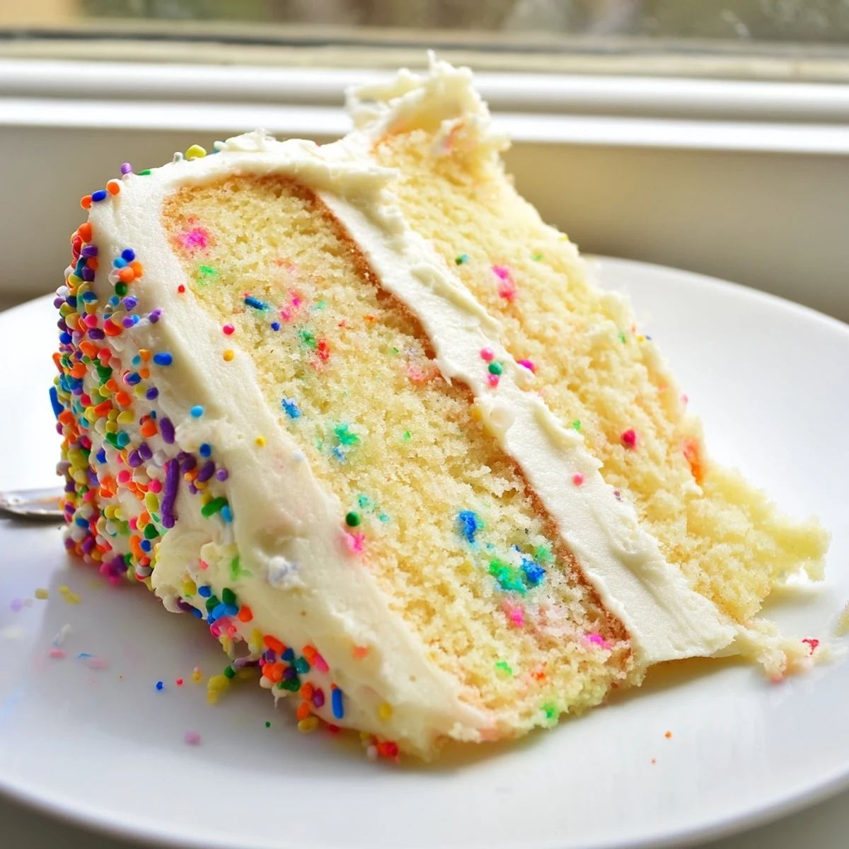 Slice of colorful Funfetti cake revealing bright sprinkles inside the tender vanilla crumb with thick swirled buttercream