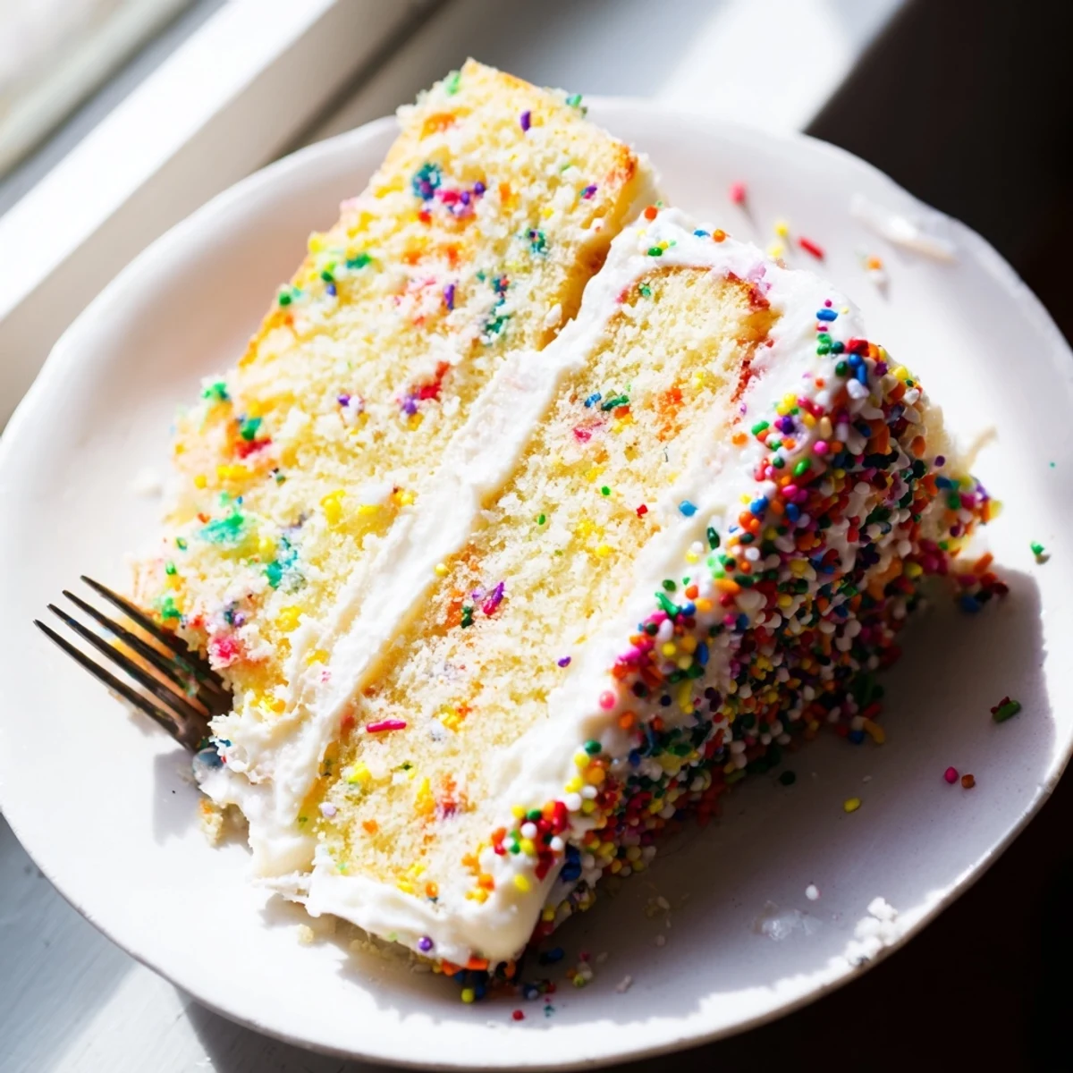 Homemade Funfetti cake with rainbow sprinkles baked into fluffy vanilla layers and topped with creamy white buttercream frosting