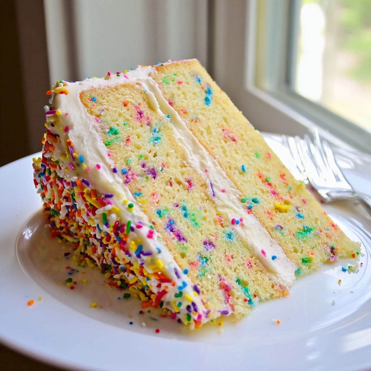 Two-layer Funfetti cake decorated with extra rainbow sprinkles on white frosting for a festive birthday dessert