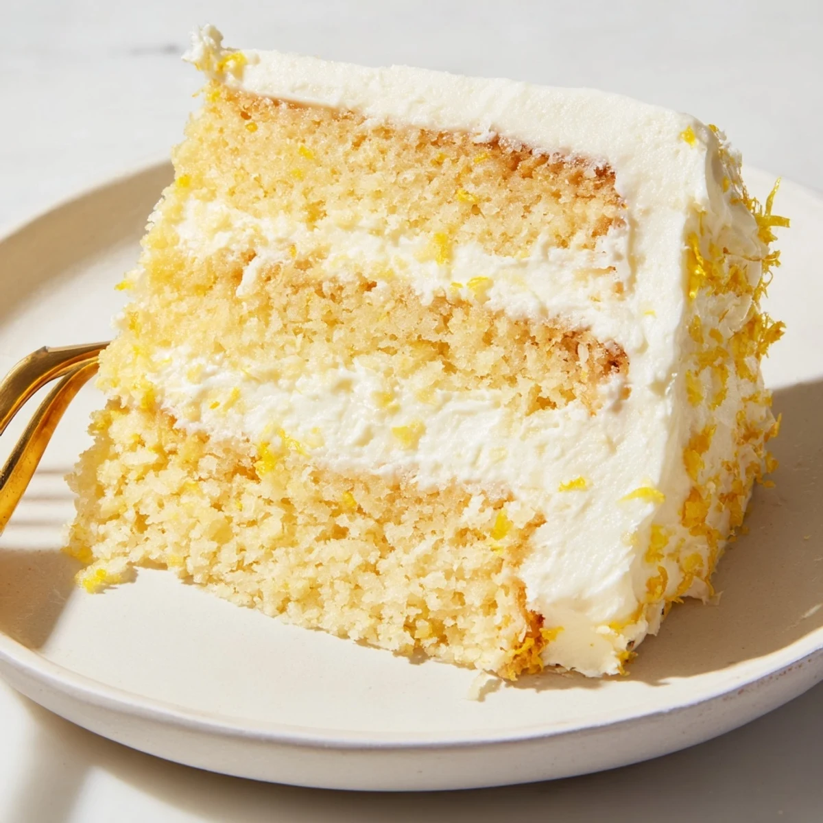 Golden lemon birthday cake with fluffy cream cheese frosting topped with fresh lemon slices
