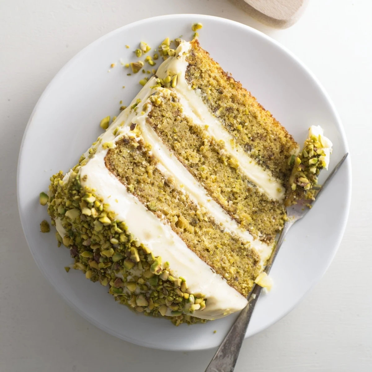 Layered pistachio cake topped with smooth green buttercream and chopped pistachio garnish