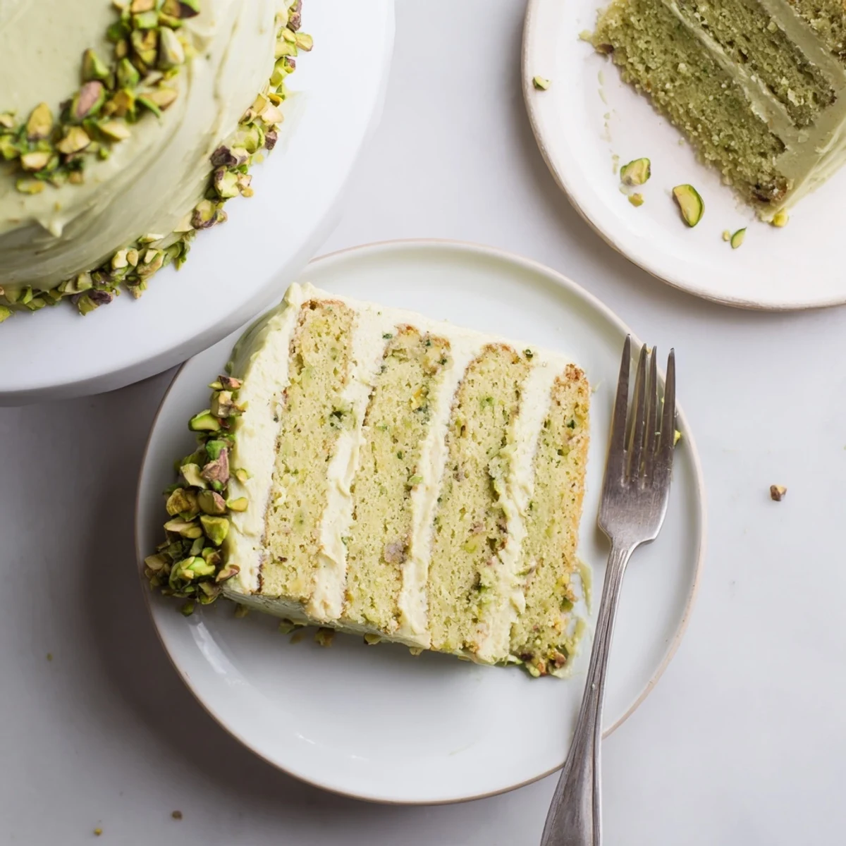 Slice of pistachio cake with creamy pistachio buttercream frosting on a white plate