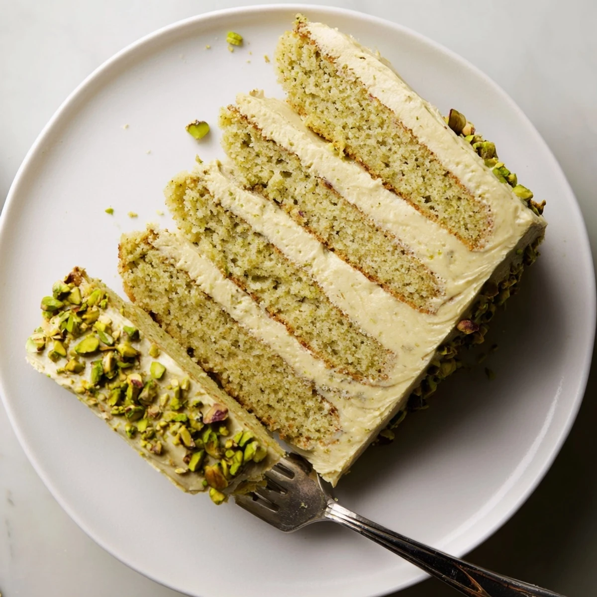 Moist pistachio cake slice showcasing thick pistachio buttercream and nutty texture