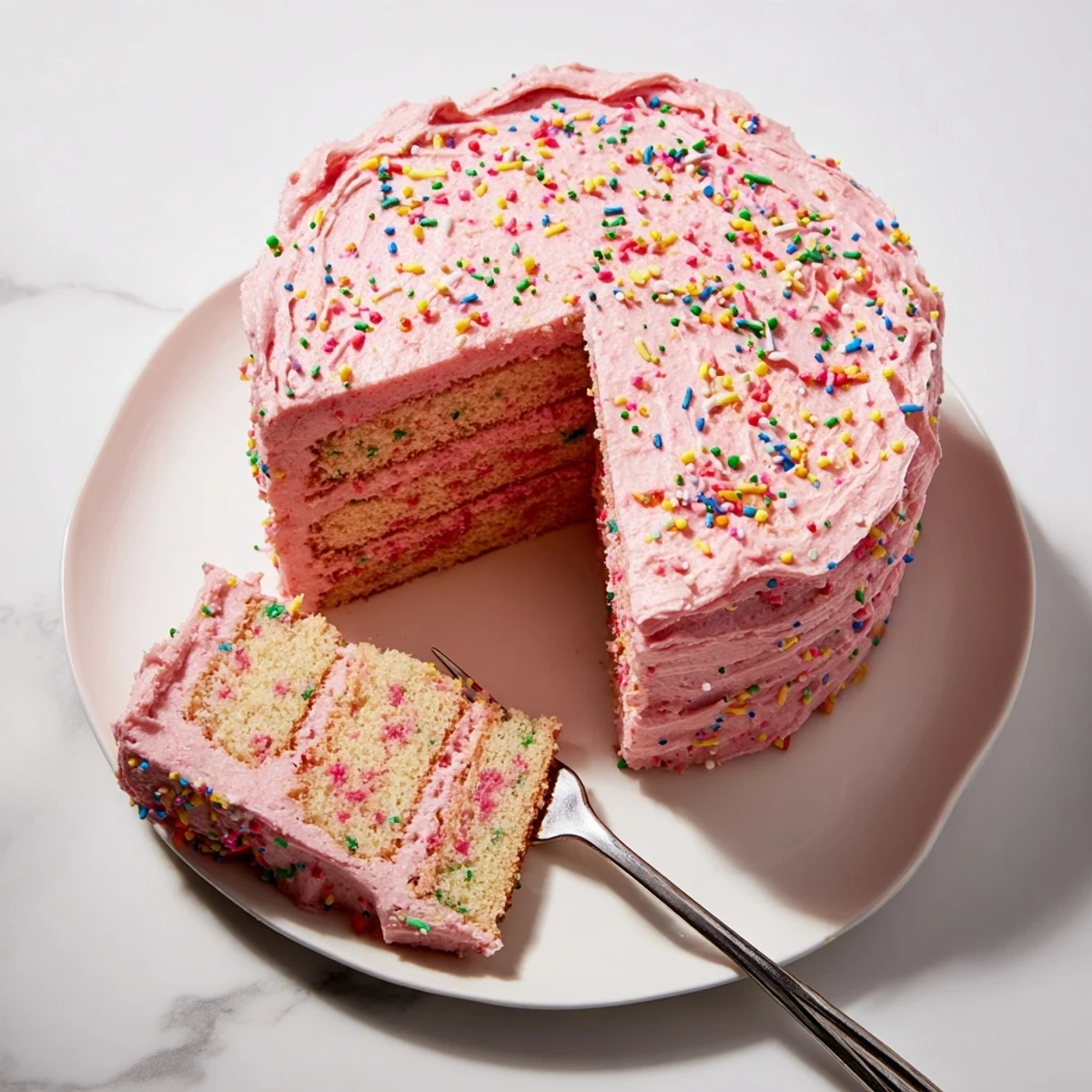 Pink strawberry funfetti cake layered with creamy strawberry buttercream and colorful rainbow sprinkles