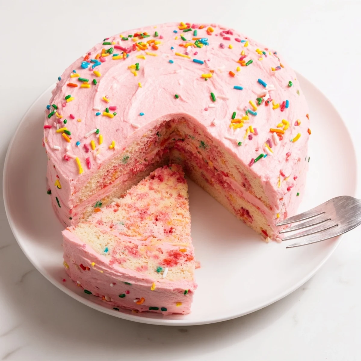 Slice of strawberry funfetti cake showcasing moist strawberry chunks and fluffy pink frosting on a white plate