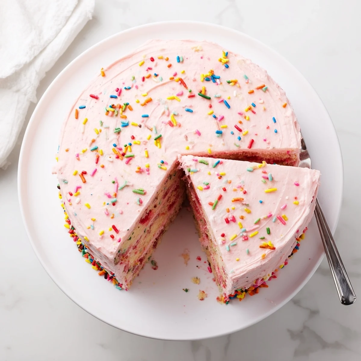 Whimsical strawberry funfetti birthday cake with smooth strawberry buttercream and vibrant sprinkles atop