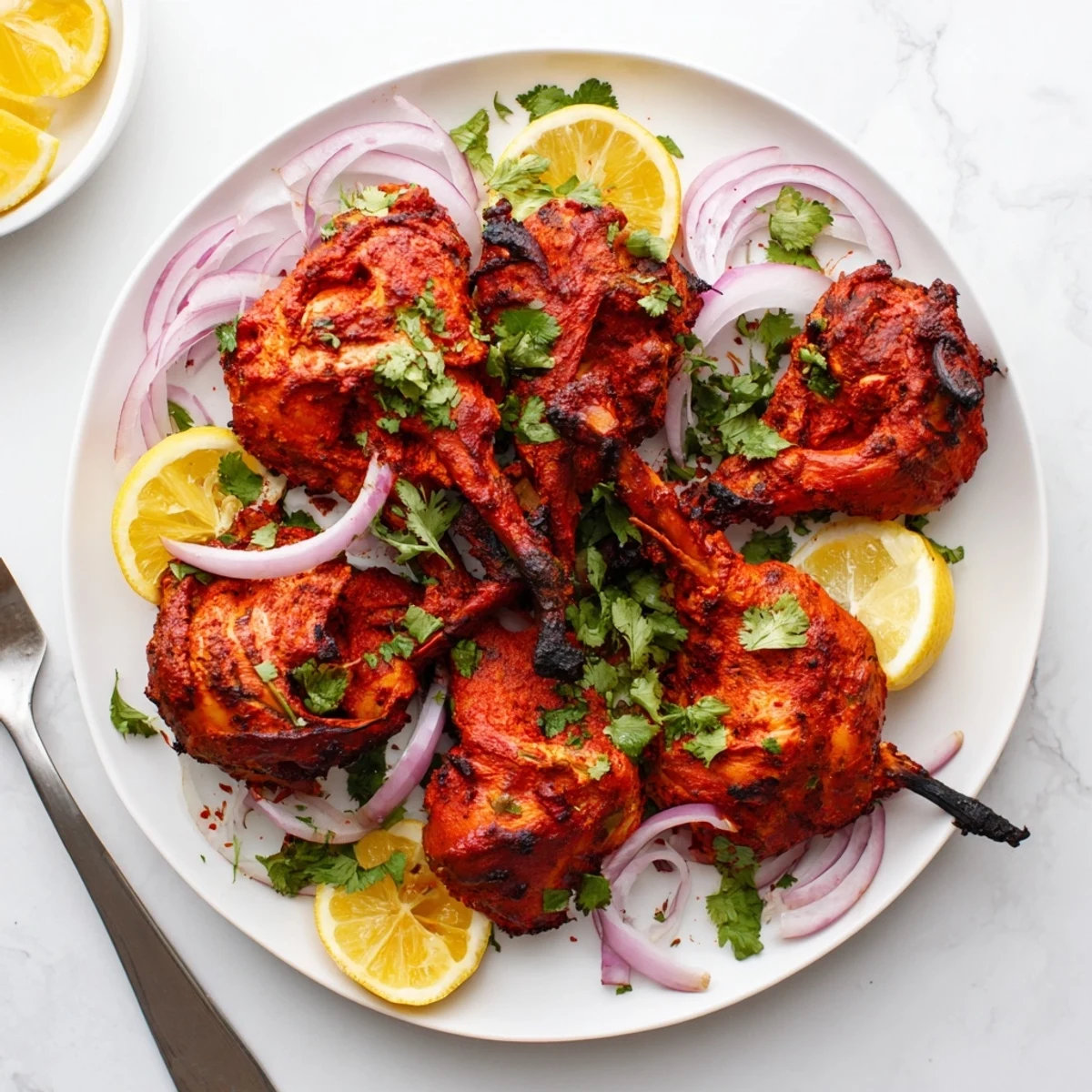 Golden tandoori chicken pieces with charred edges garnished with fresh cilantro and lemon wedges on a white serving platter