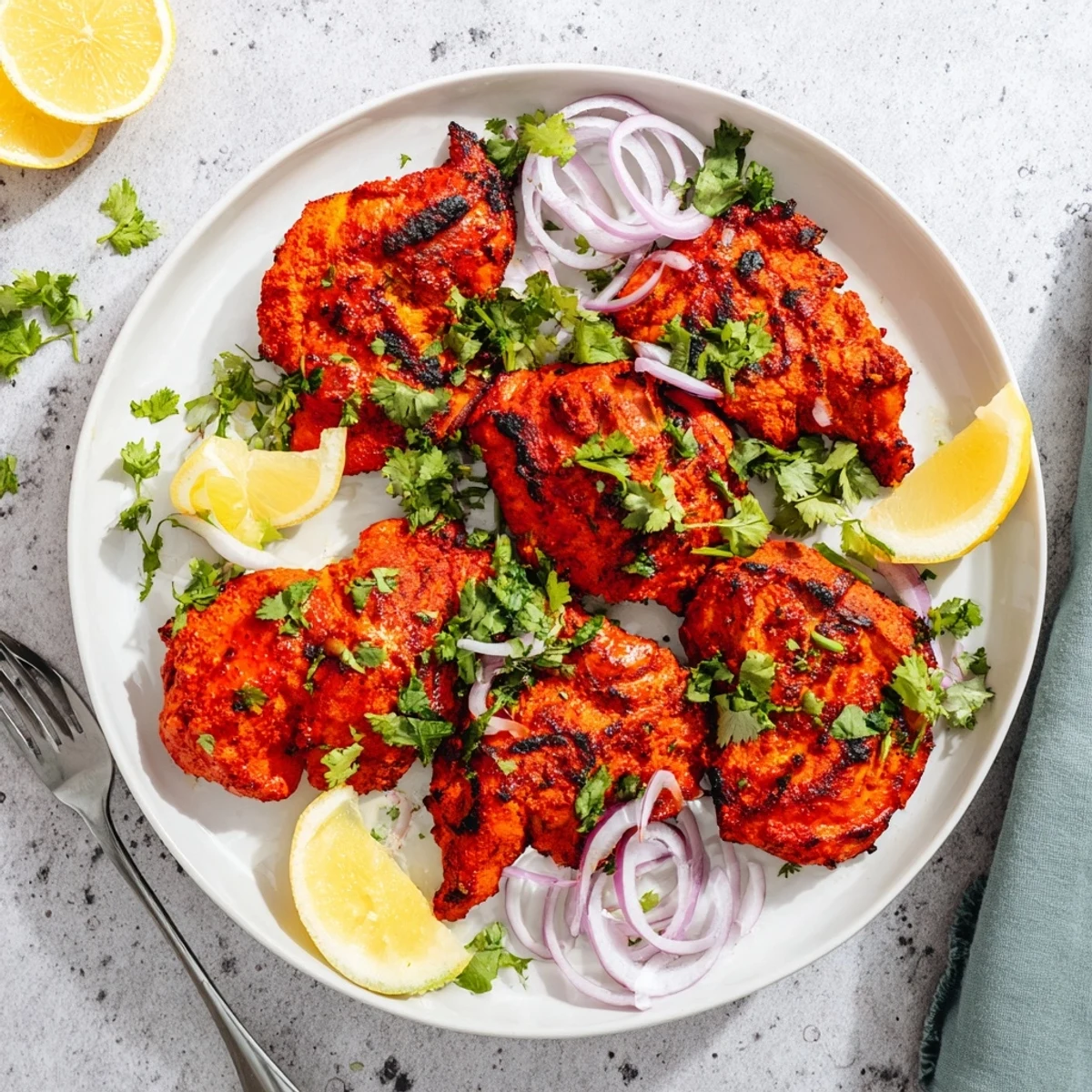 Succulent spiced chicken roasted to smoky perfection arranged alongside sliced red onions and bright herbs