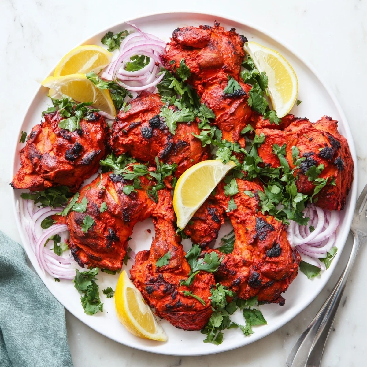 Beautifully marinated Indian chicken displaying deep orange-red hues with crispy charred spots and green cilantro sprinkles