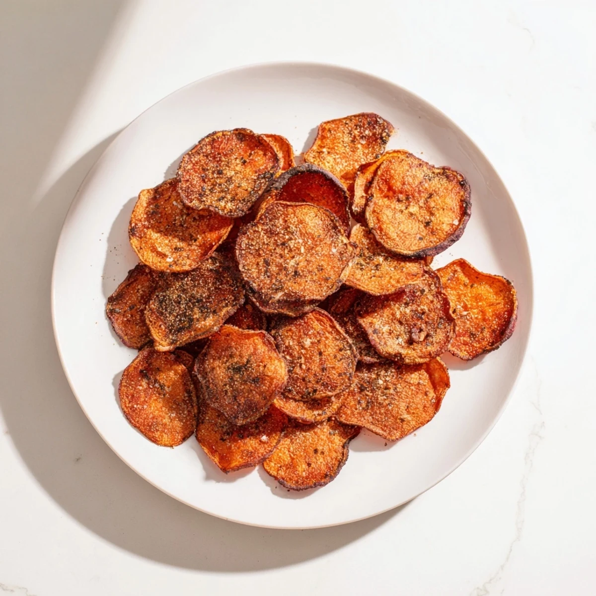 Golden brown air fryer radish chips arranged on a white serving plate, dusted with seasonings