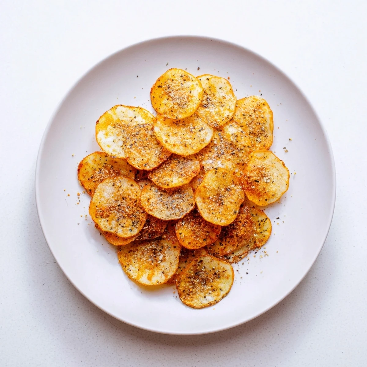 Homemade air fryer radish chips stacked neatly with visible garlic powder and paprika coating
