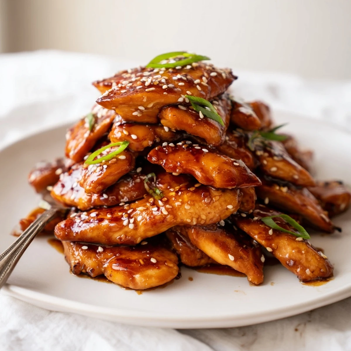 Brushed with honey glaze, these authentic Chinese char siu chicken pieces showcase shiny, caramelized edges and rich mahogany color