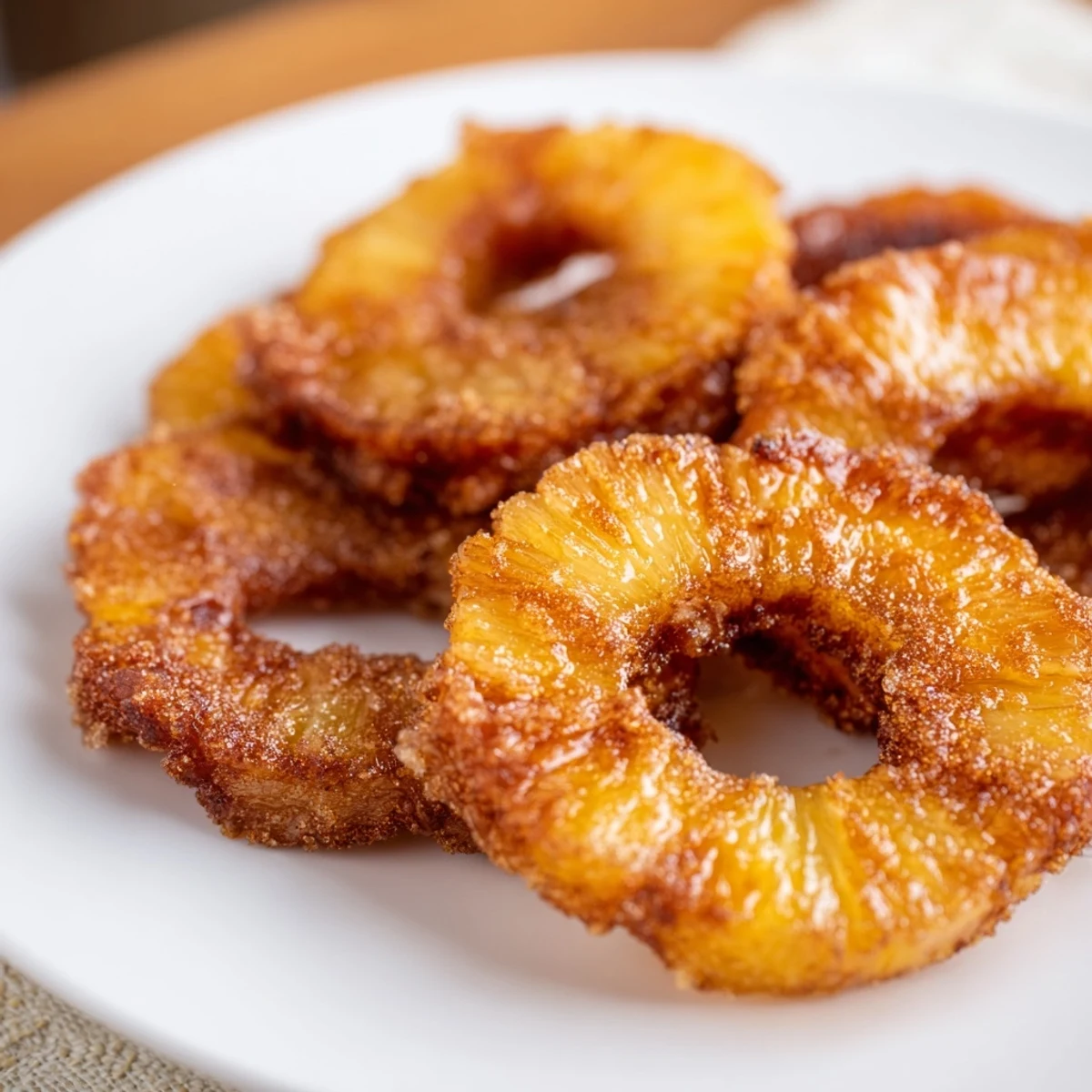 Golden brown caramelized air fryer pineapple rings dusted with cinnamon and brown sugar