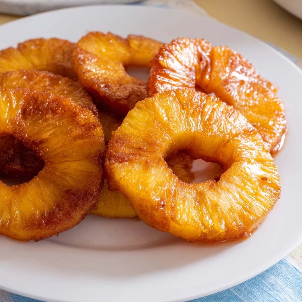 Sweet tropical pineapple rounds air fried to perfection with sugary cinnamon coating