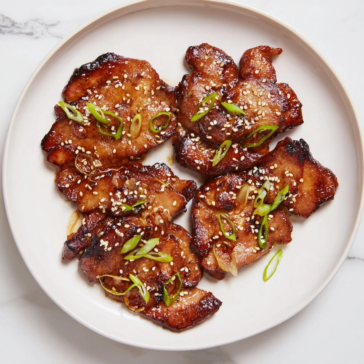 Golden glazed authentic char siu chicken pieces with caramelized edges and sesame seed garnish on a white plate