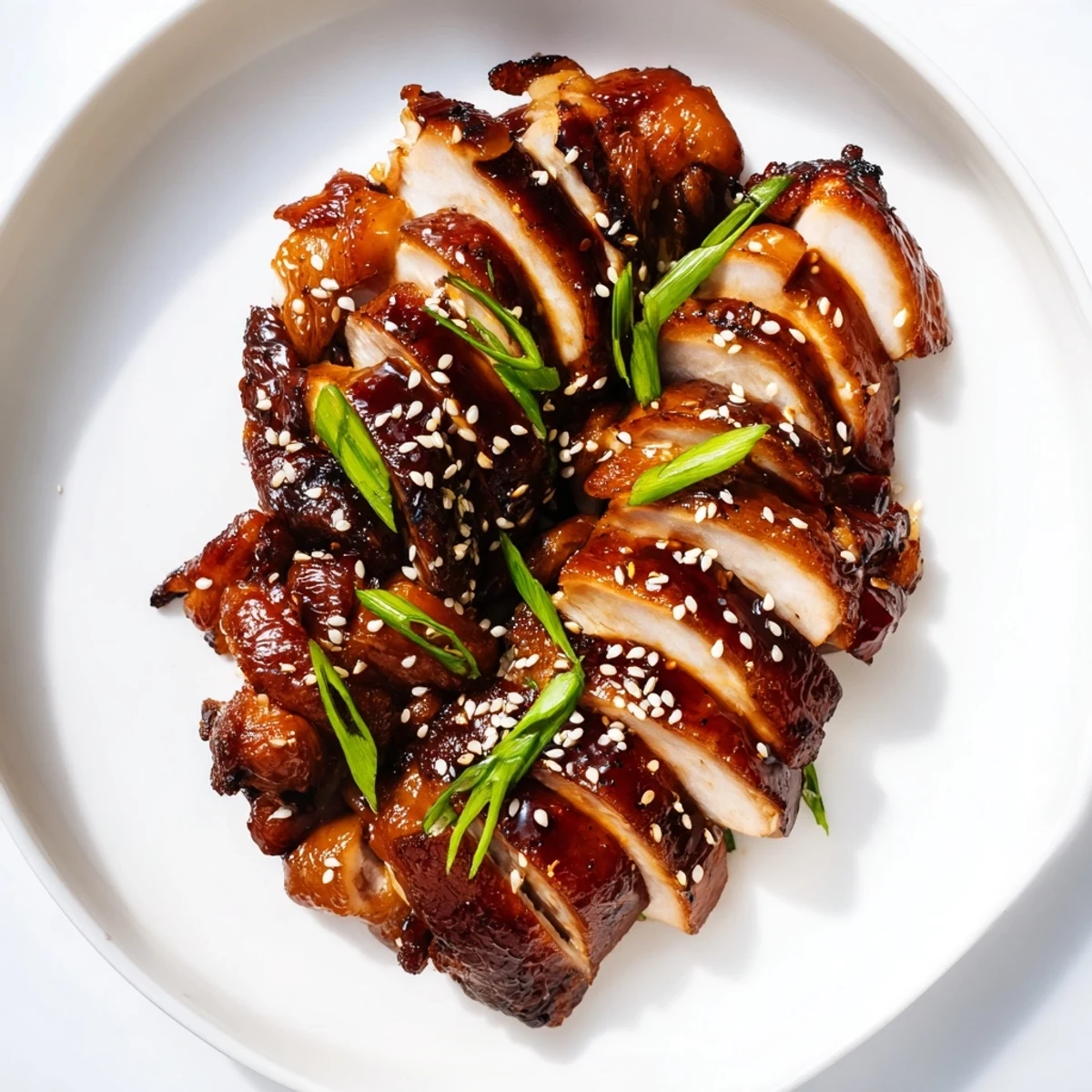 Juicy chicken thighs roasted in sweet and savory char siu sauce, garnished with fresh sliced spring onions