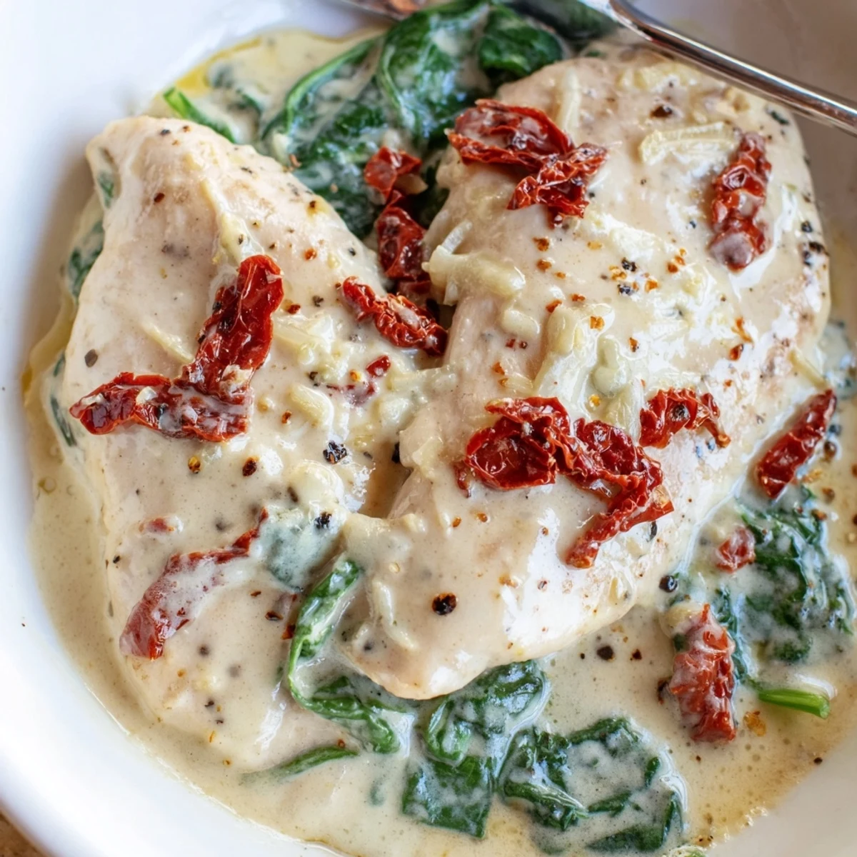 Slow Cooker Tuscan Chicken in creamy parmesan sauce with wilted spinach