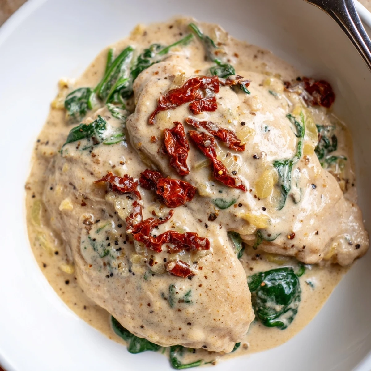 Hearty Slow Cooker Tuscan Chicken topped with chopped sun dried tomatoes