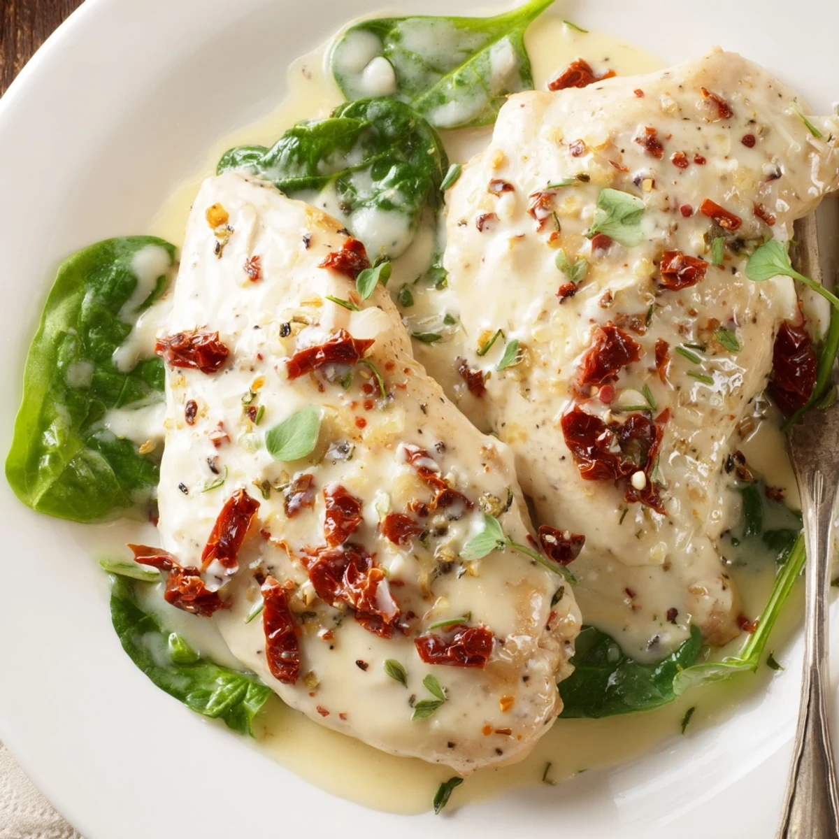 Slow Cooker Tuscan Chicken served hot over buttered pasta with garlic aroma