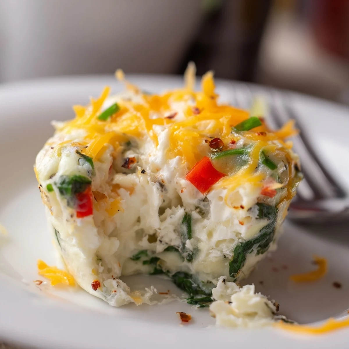 High Protein Egg White Bites With Cottage Cheese studded with spinach, red pepper.